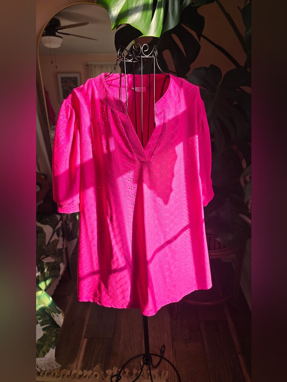 Dokotoo Hot Pink Eyelet Lace V-Neck Puff Sleeve Tunic Blouse XL